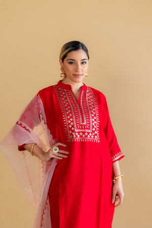 Lal Mirch Red Khadi Silk Straight Kurti Pant Suit Set