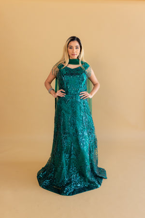 Green Shimmer Net One-piece Gown