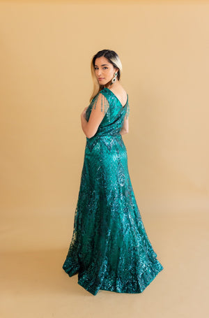 Green Shimmer Net One-piece Gown