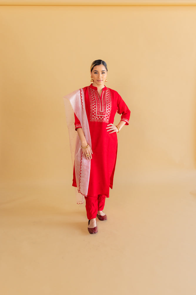 Lal Mirch Red Khadi Silk Straight Kurti Pant Suit Set