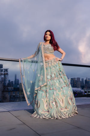 1 of 1 Teal Net Lehenga