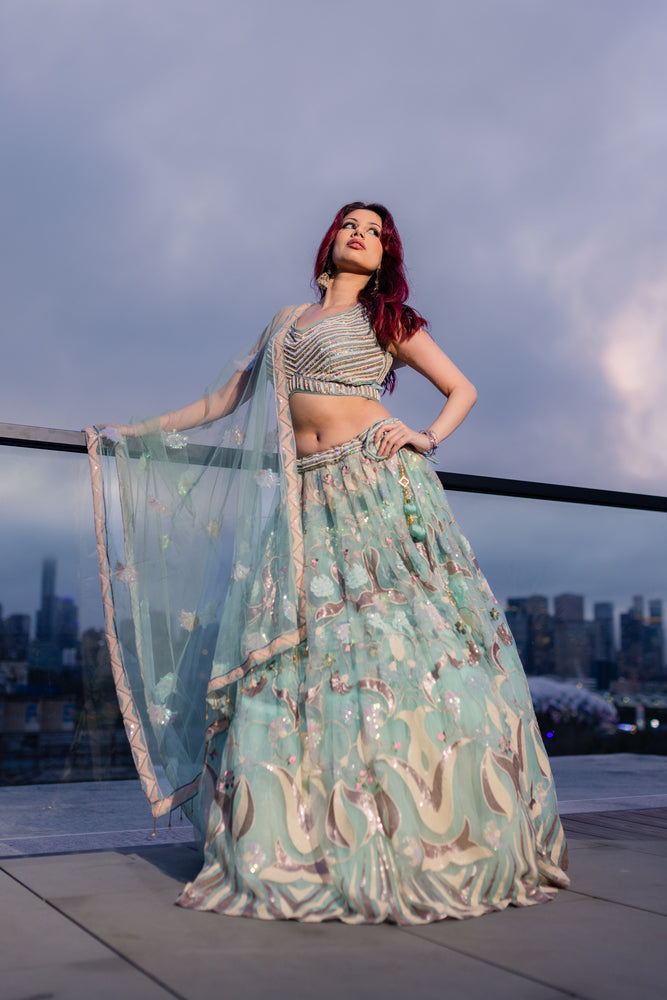 1 of 1 Teal Net Lehenga