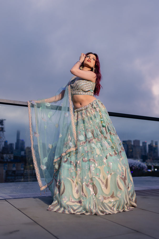 1 of 1 Teal Net Lehenga