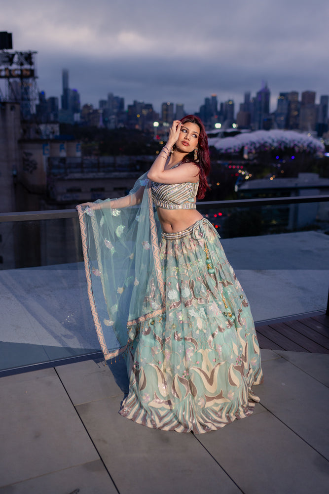 1 of 1 Teal Net Lehenga