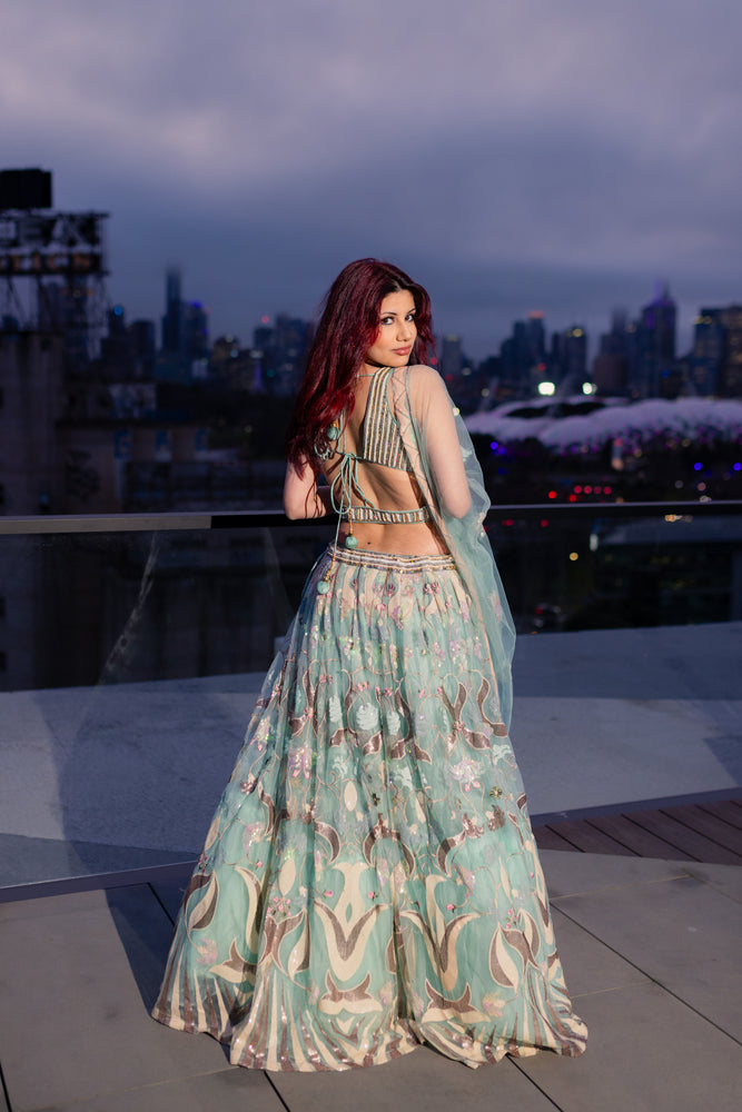 1 of 1 Teal Net Lehenga