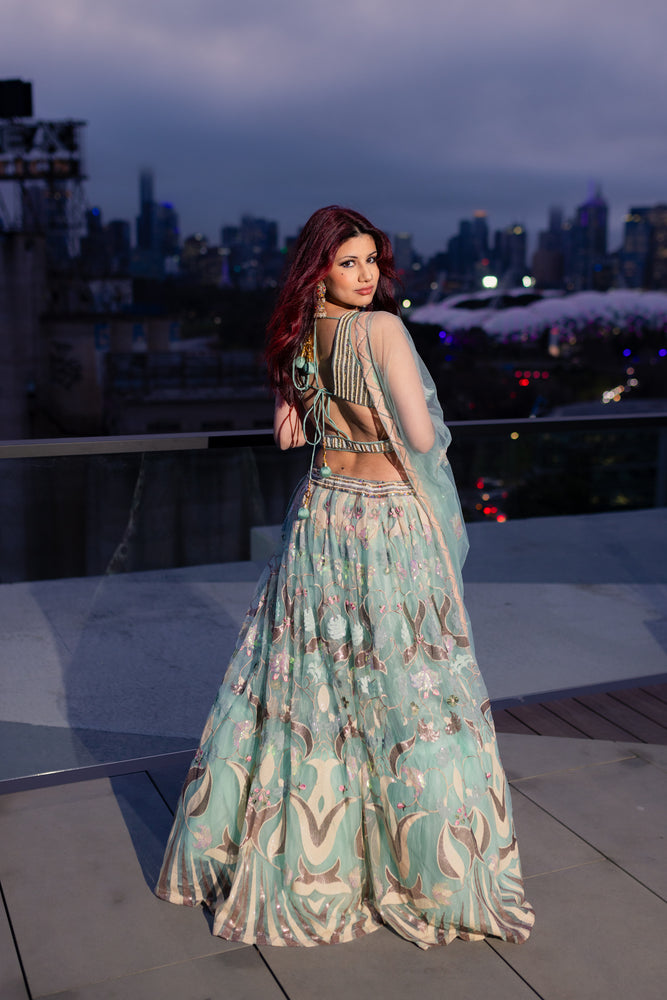 1 of 1 Teal Net Lehenga