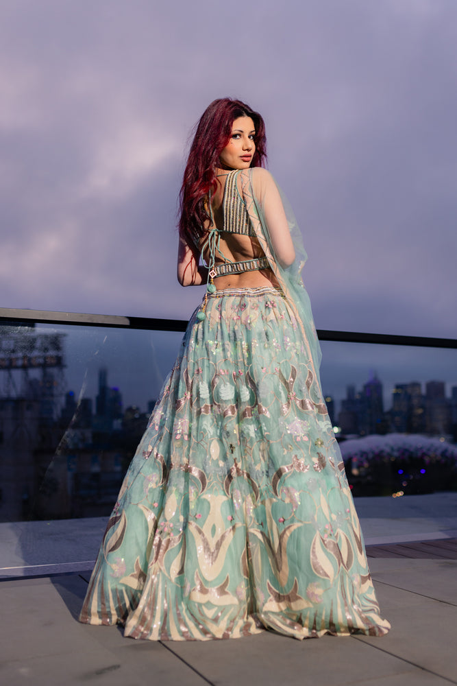 1 of 1 Teal Net Lehenga