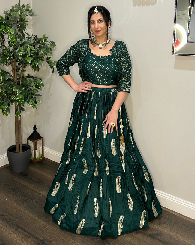 Dark Green Embroidered Lehenga Set styled on a model for visual reference