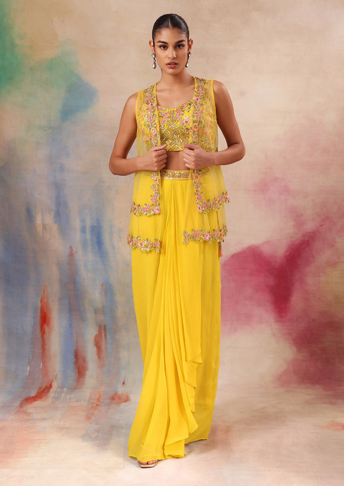 1 of 1 Yellow Lehenga Set With Floral Embroidered Blouse And Mesh Jacket