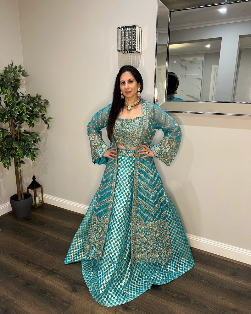 Maharani Teal Embroidered Lehenga Set with Cape