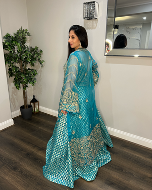 Maharani Teal Embroidered Lehenga Set with Cape