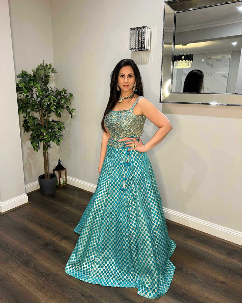 Maharani Teal Embroidered Lehenga Set with Cape