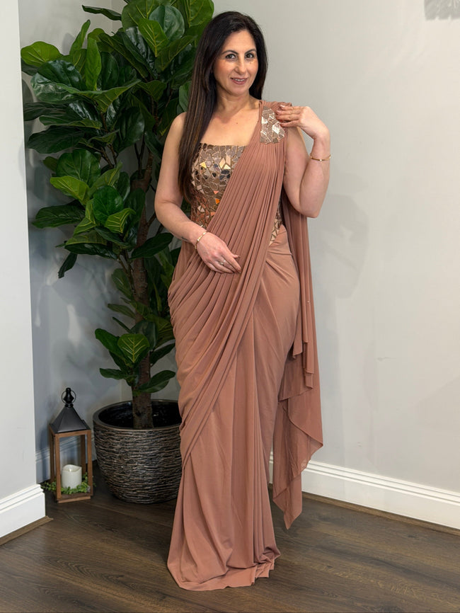 Virelina Pre-Draped Saree styled on a model for visual reference