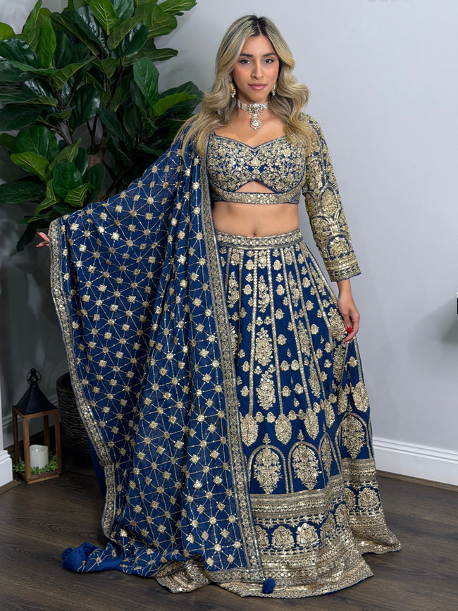 Tavira Navy Blue Embroidered Lehenga styled on a model for visual reference