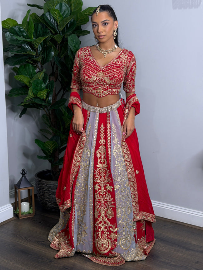 Anvitha Red and Lilac Embroidered Lehenga styled on a model for visual reference