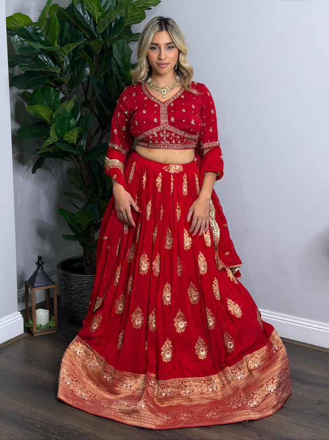 Ashvika Red Banarasi Silk Lehenga Set styled on a model for visual reference