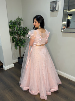 Pink Net Lehenga Set with Frill Sleeves