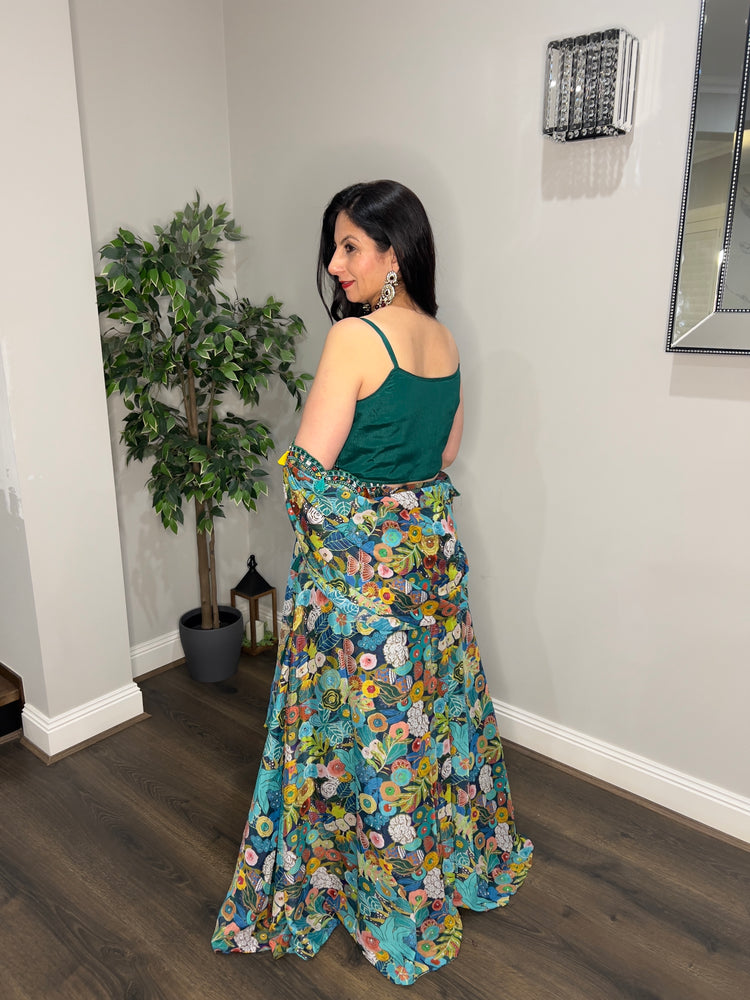 Green Floral Crepe Lehenga Set with Cape Style Dupatta