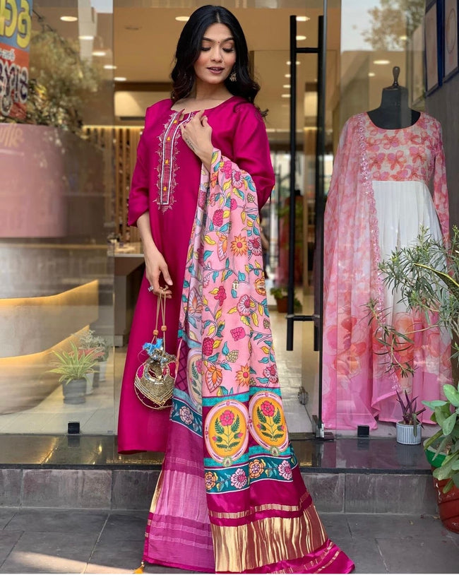 Magenta Russian Silk Suit Set styled on a model for visual reference