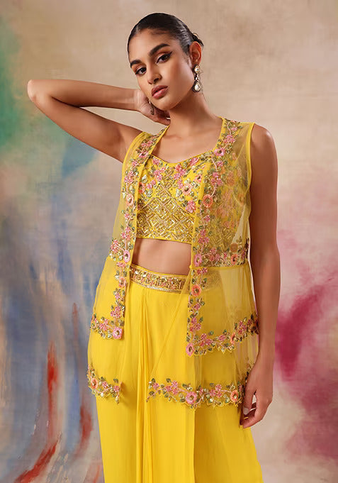 1 of 1 Yellow Lehenga Set With Floral Embroidered Blouse And Mesh Jacket