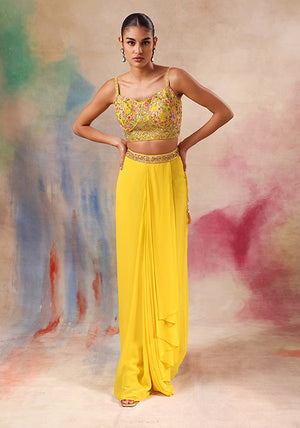 1 of 1 Yellow Lehenga Set With Floral Embroidered Blouse And Mesh Jacket