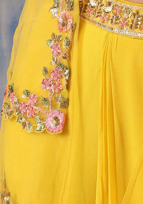 1 of 1 Yellow Lehenga Set With Floral Embroidered Blouse And Mesh Jacket