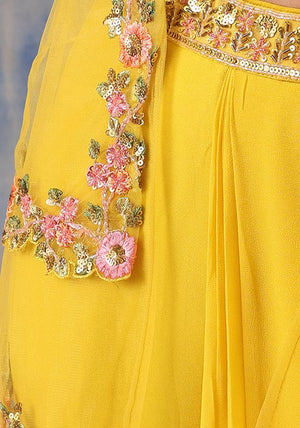 1 of 1 Yellow Lehenga Set With Floral Embroidered Blouse And Mesh Jacket