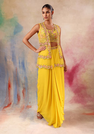 1 of 1 Yellow Lehenga Set With Floral Embroidered Blouse And Mesh Jacket